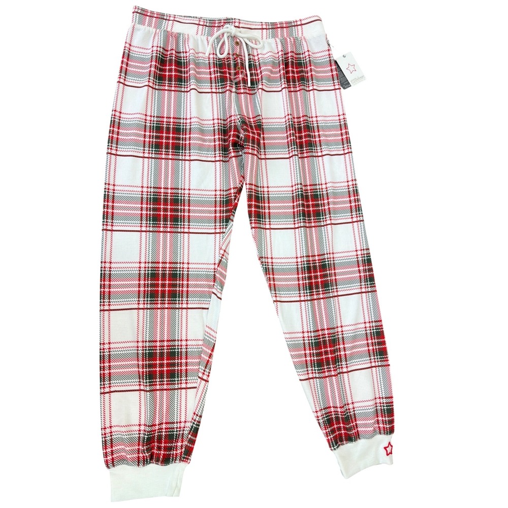 P.J. Salvage Ivory Red Plaid Drawstring Waist Pajama Bottom XL Jogger Leg Soft